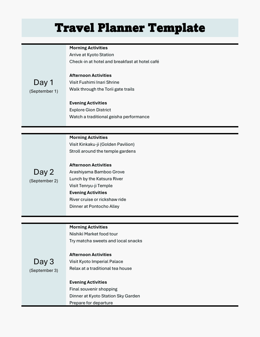 10-Day Travel Itinerary Template (Downloadable in Excel)
