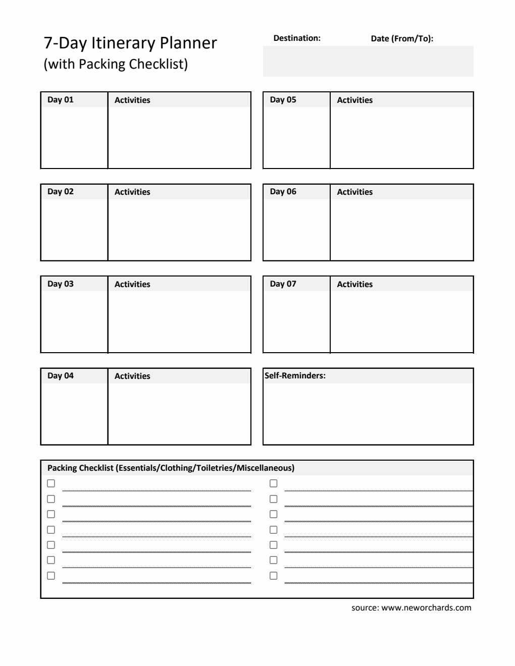 Free Printable 7-Day Travel Itinerary Template  in PDF Format