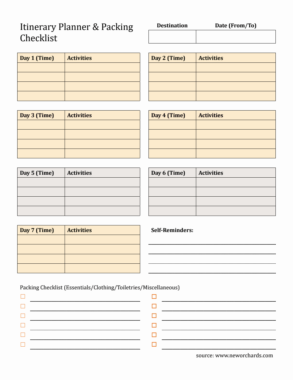 Free Customizable 7-Day Travel Itinerary Template  in Word Format