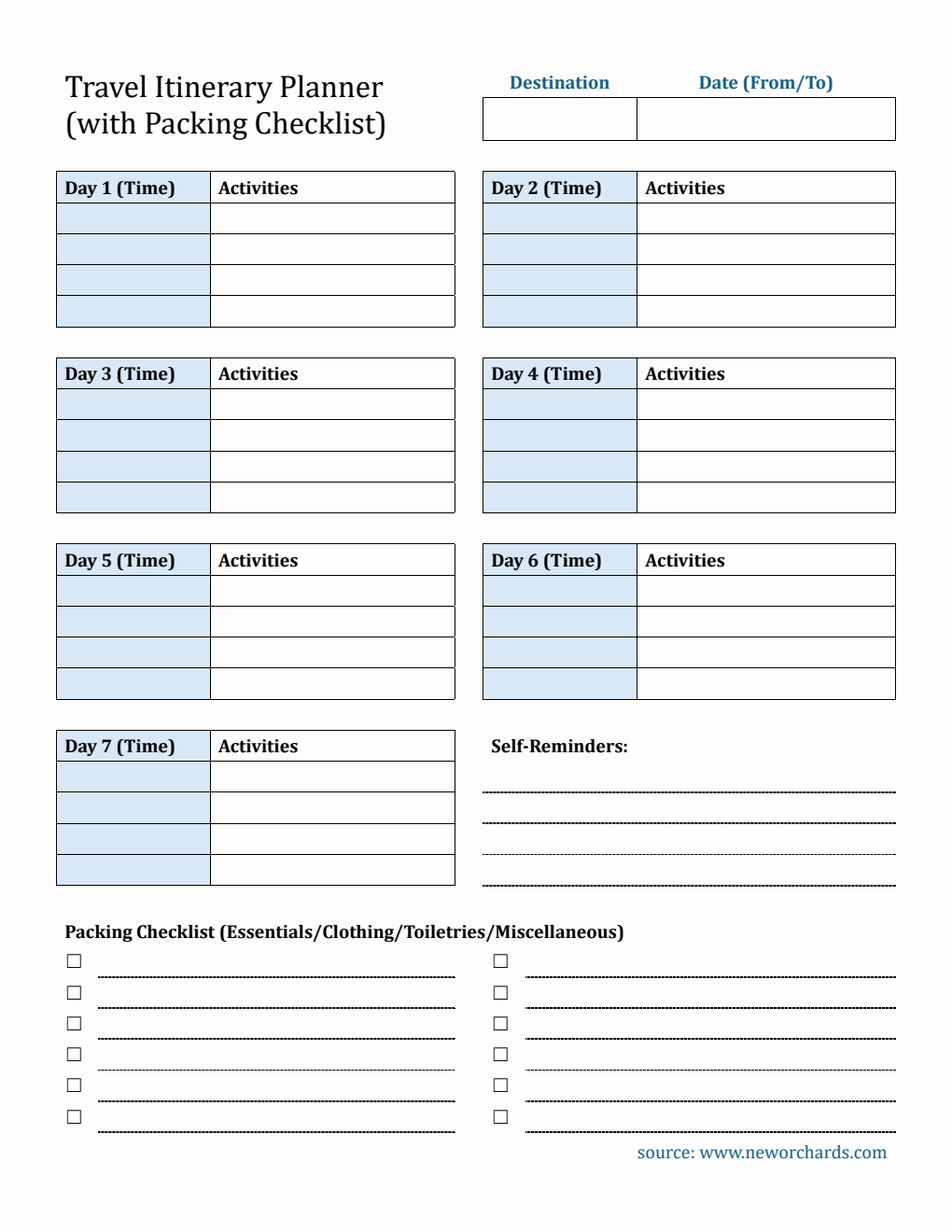 Free  7-Day Travel Itinerary Template  in Word Format