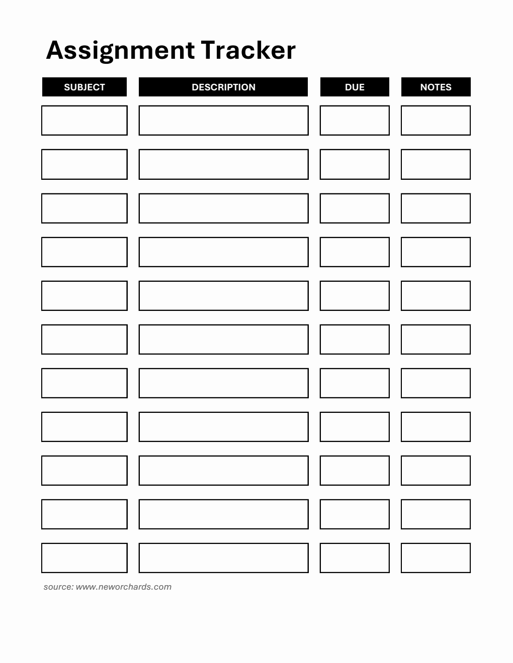 Assignment Tracker Template - Excel (Bordered)