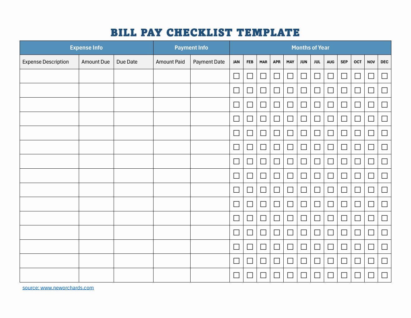 Printable Bill Pay Checklist Template in Word