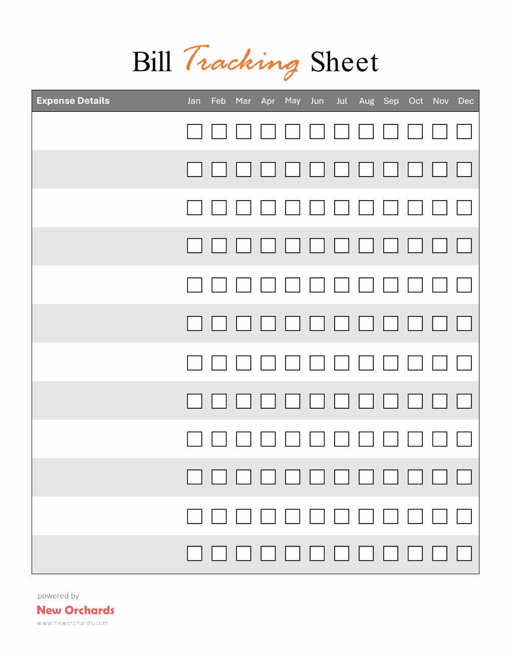 Free Bill Pay Tracker PDF - Portrait Layout (Striped)