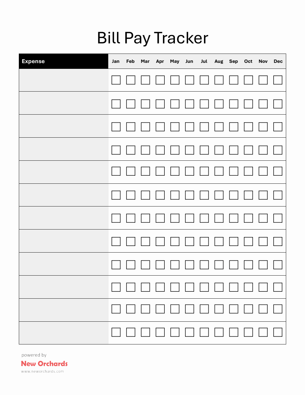 Free Bill Pay Tracker PDF - Portrait Layout (Portrait)