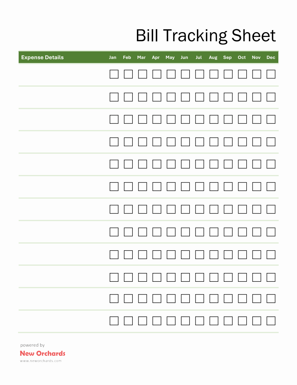 Free Bill Pay Tracker PDF - Portrait Layout (Simple)