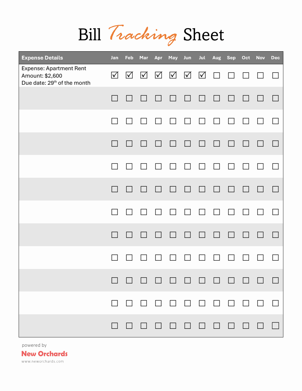 Bill Pay Tracker in Microsoft Word Format (Striped)
