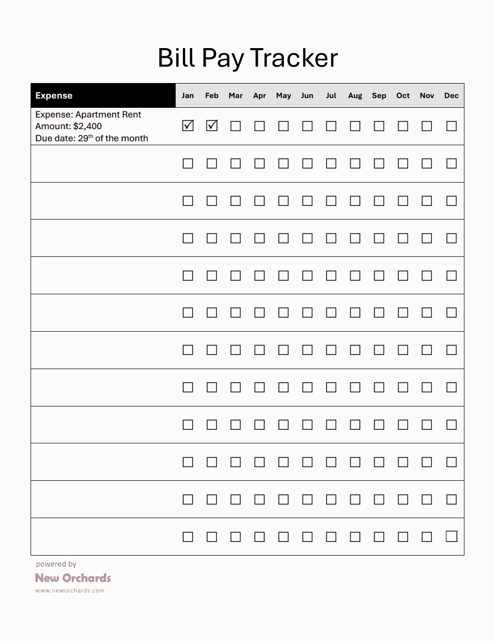 Bill Pay Tracker in Microsoft Word Format (Portrait)