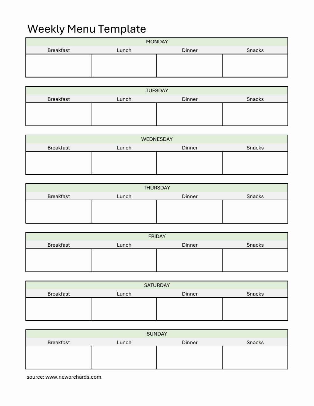 Free Excel Weekly Menu Templates