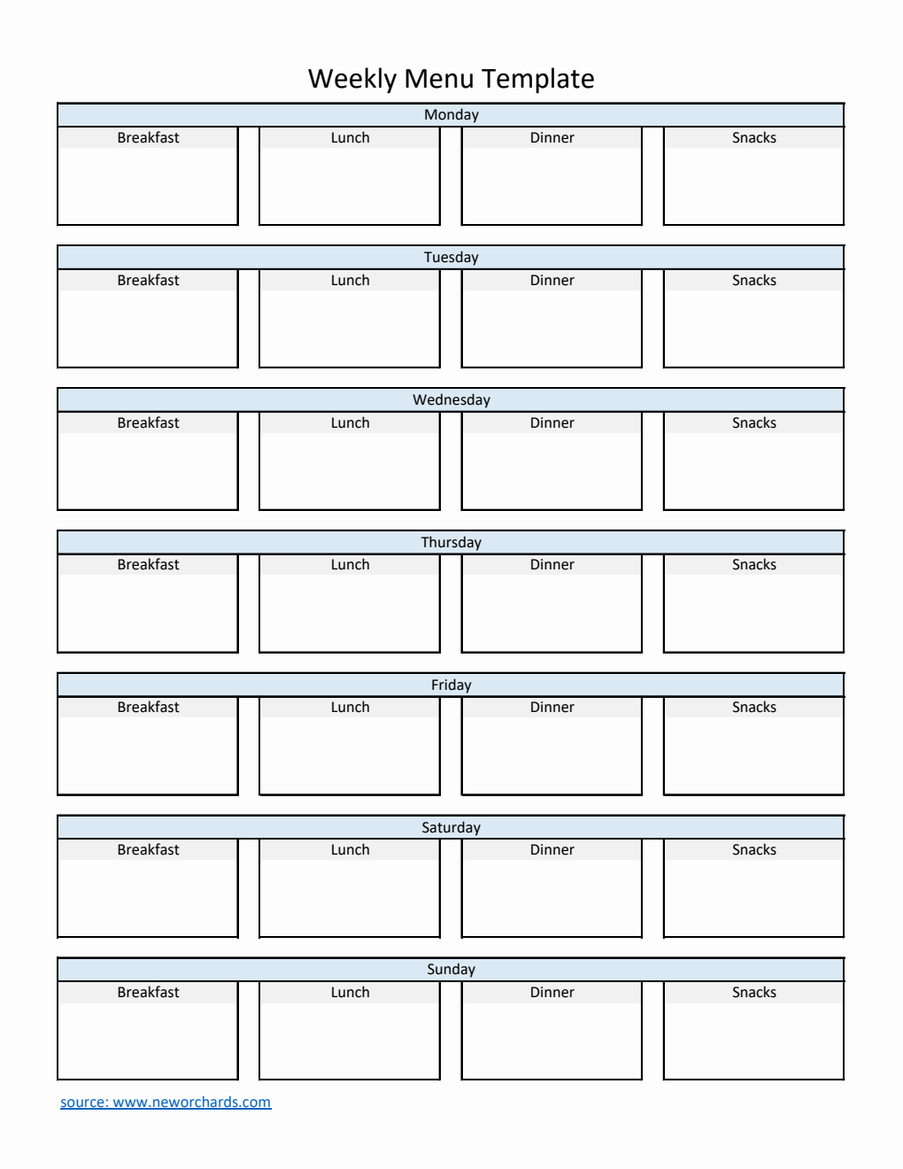 Free Excel Weekly Menu Templates