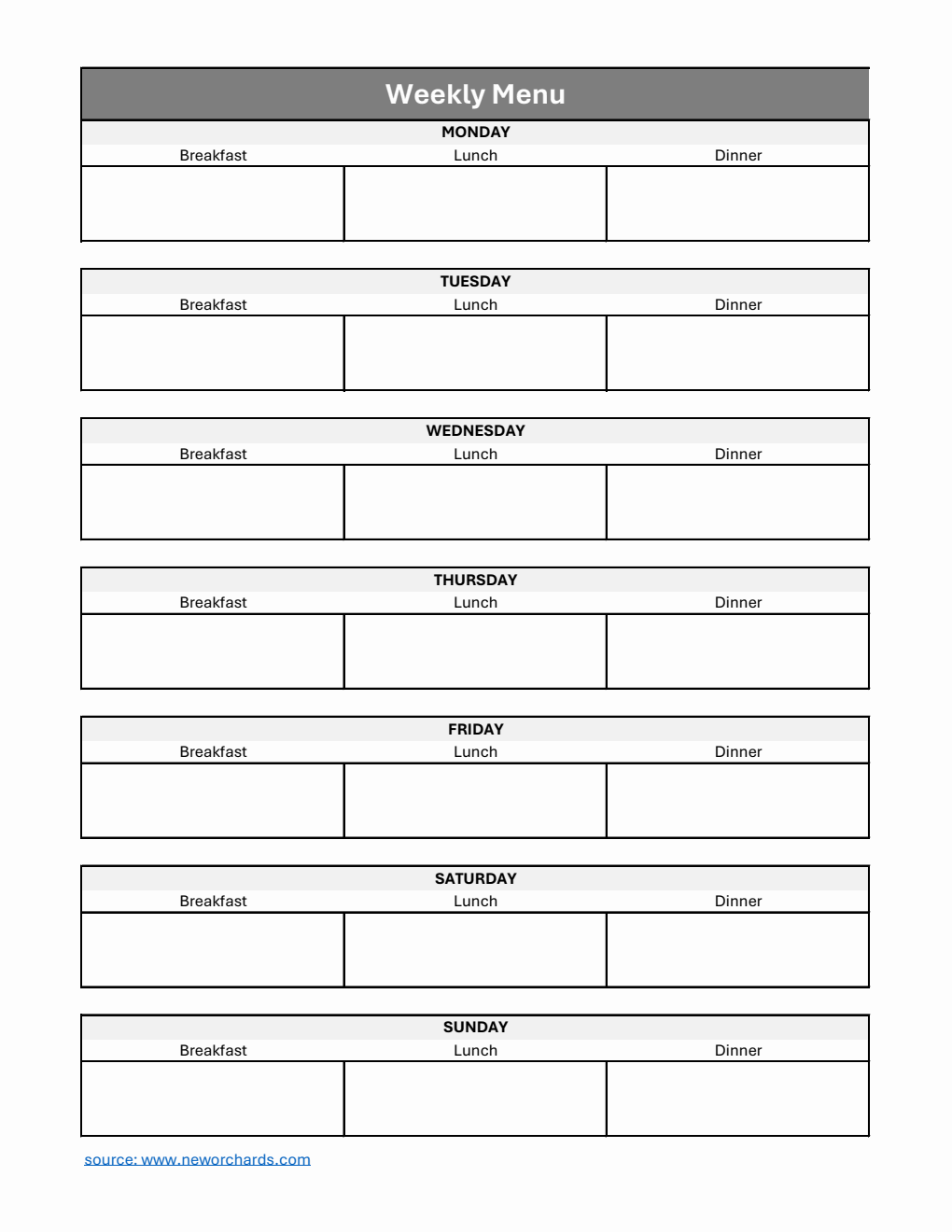 Free Excel Weekly Menu Templates