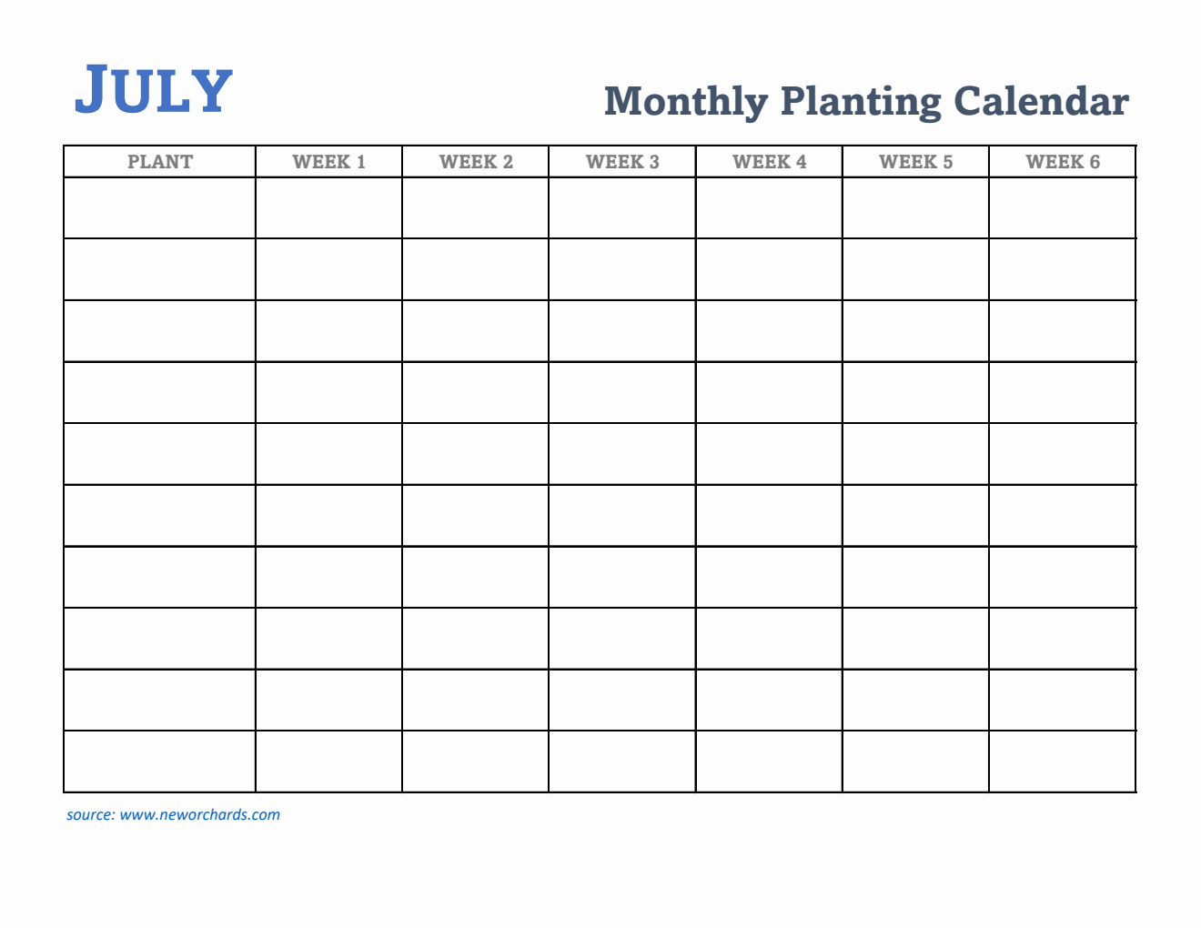 Gardening Calendar for July - Free Printable Template in Excel