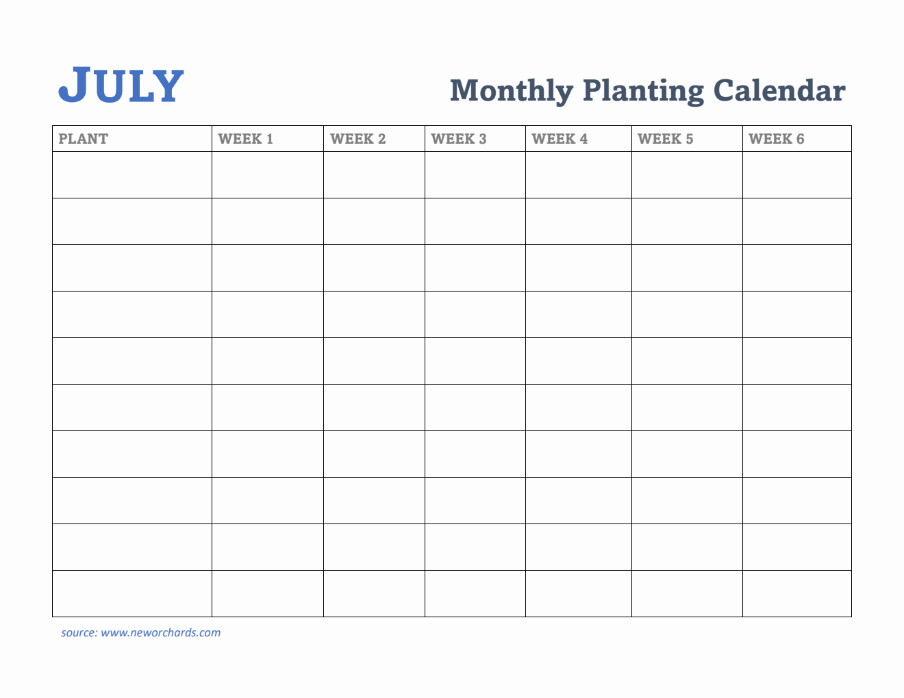 Gardening Calendar for July - Free Printable Template in PDF