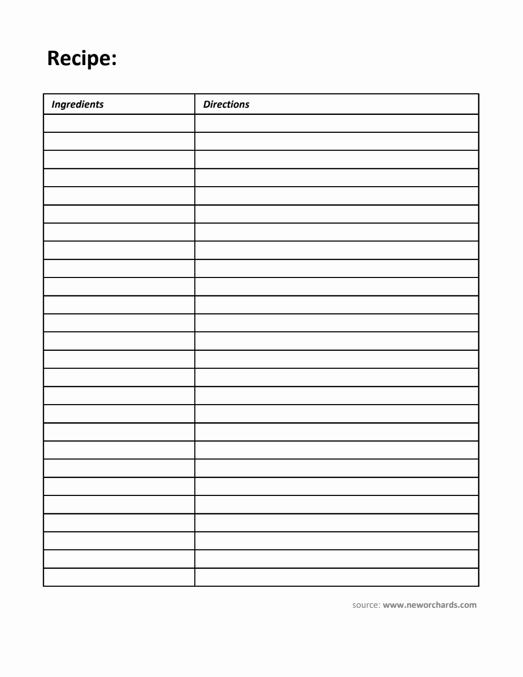 Printable Blank Recipe Template in Excel (Portrait)