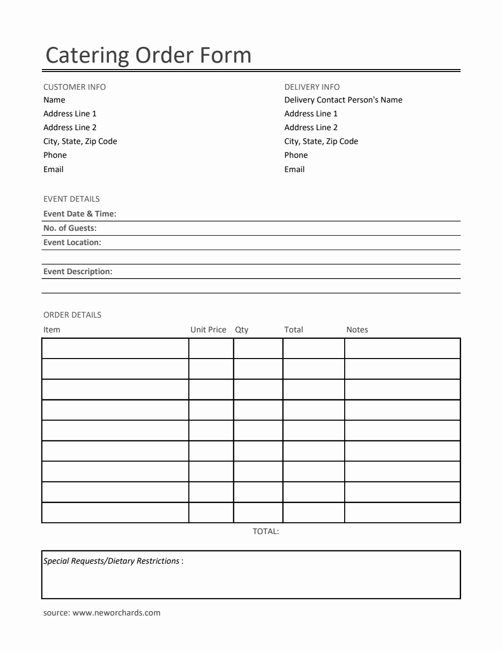 Caterease Kitchen Order Prints Printable Catering Order Form Template in Word