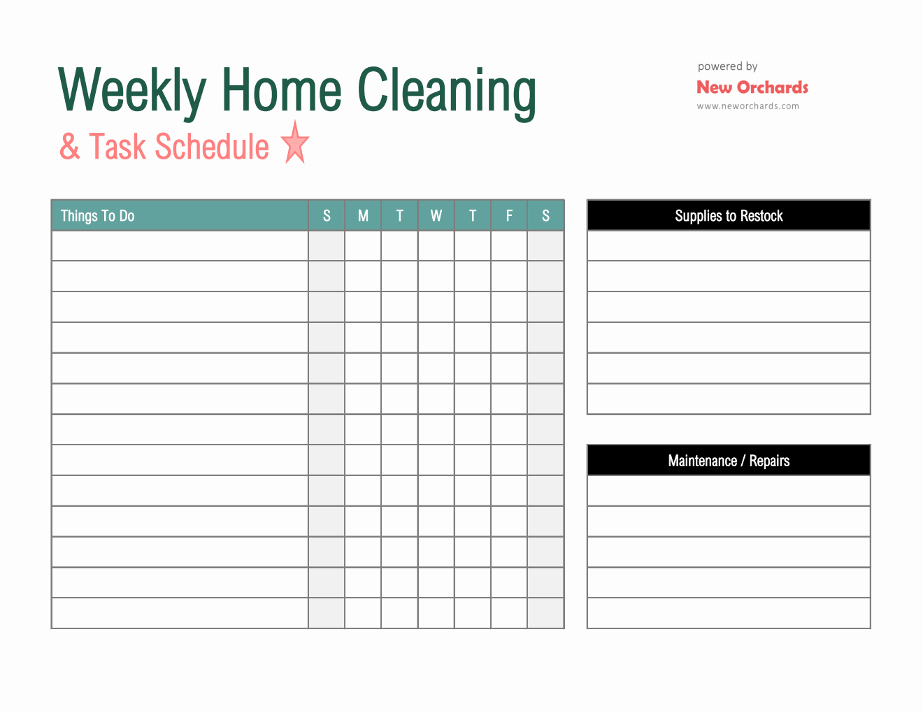 Cleaning Task Chart Weekly Home Cleaning And Task Schedule Template (Excel)