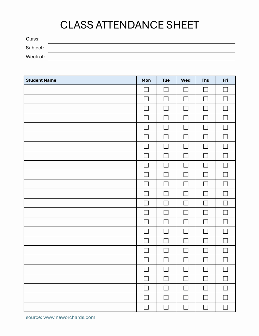 Weekly Class Attendance Sheet | Free Download in PDF