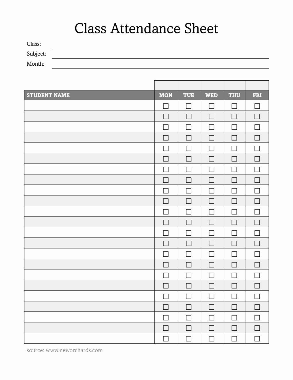 Customizable Weekly Class Attendance Sheet | Free Download in PDF