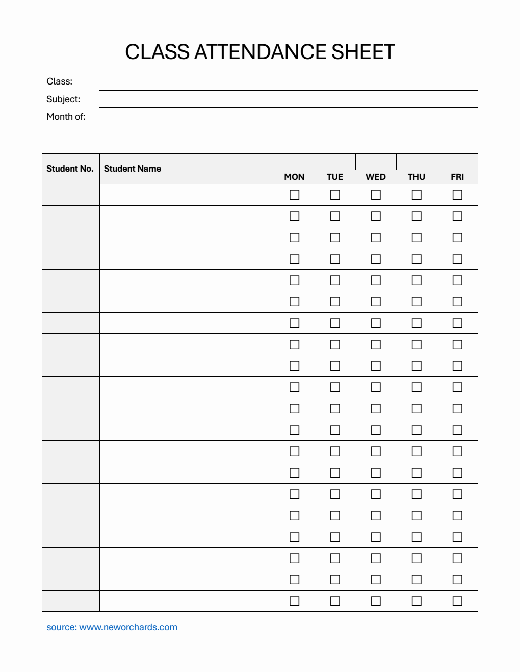 Printable Class Attendance Sheet with Student Number in PDF