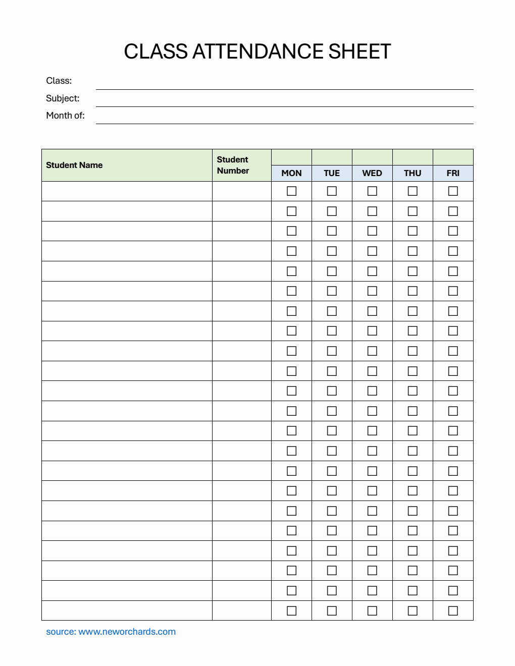  Class Attendance Sheet with Student Number in Word