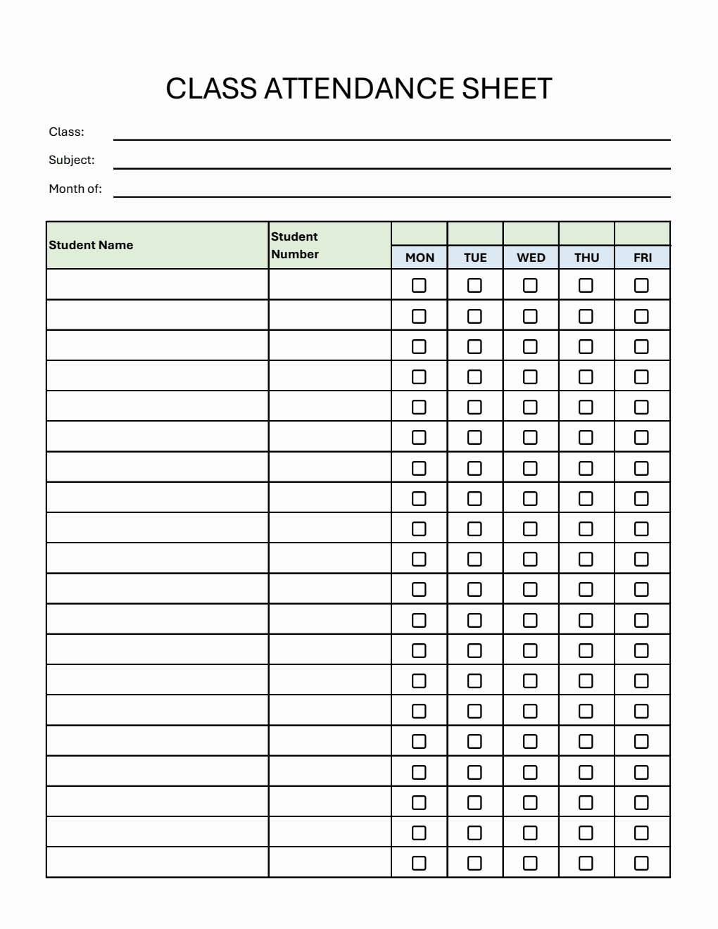 Printable Class Attendance Sheet with Student Number in Excel