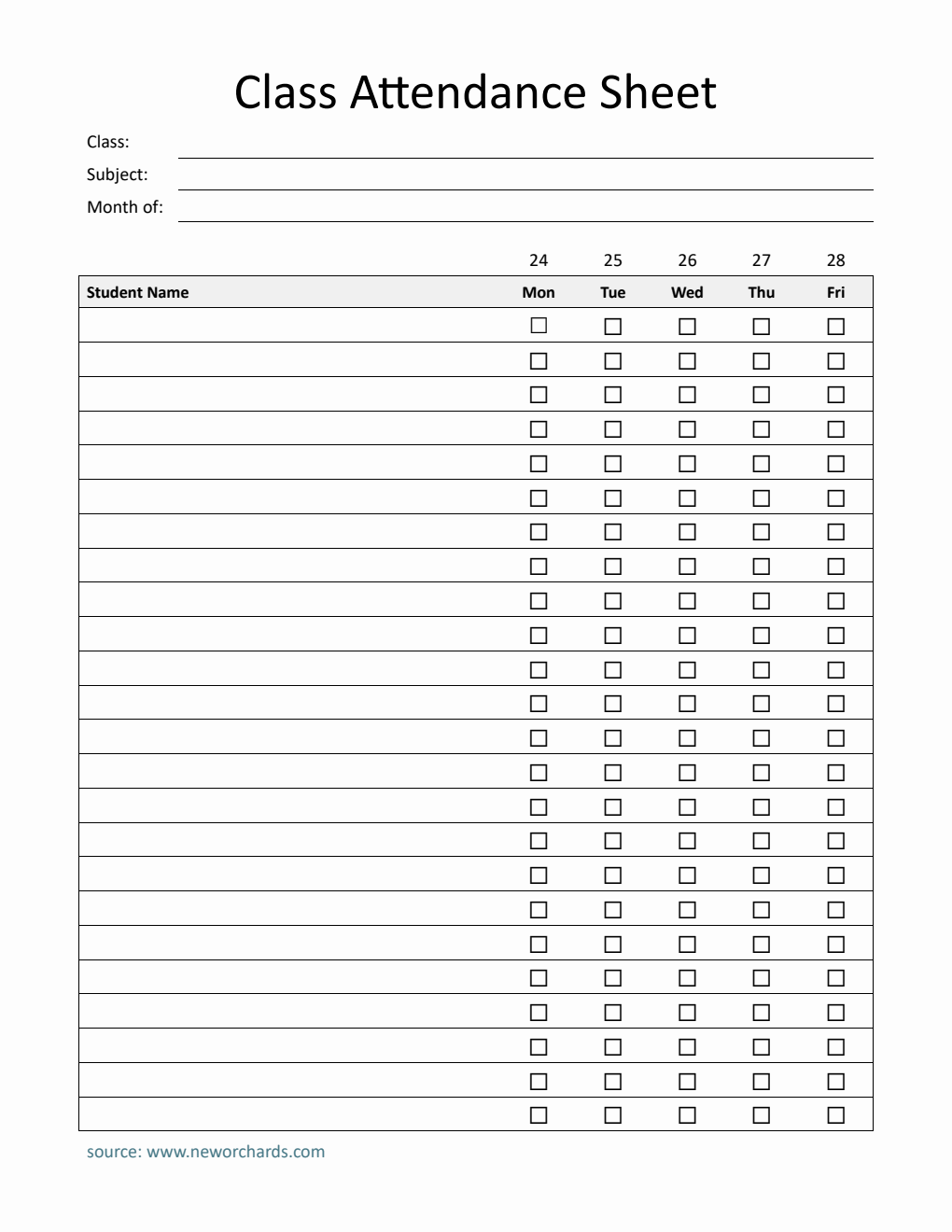 Printable Weekly Class Attendance Sheet | Free Download in Word
