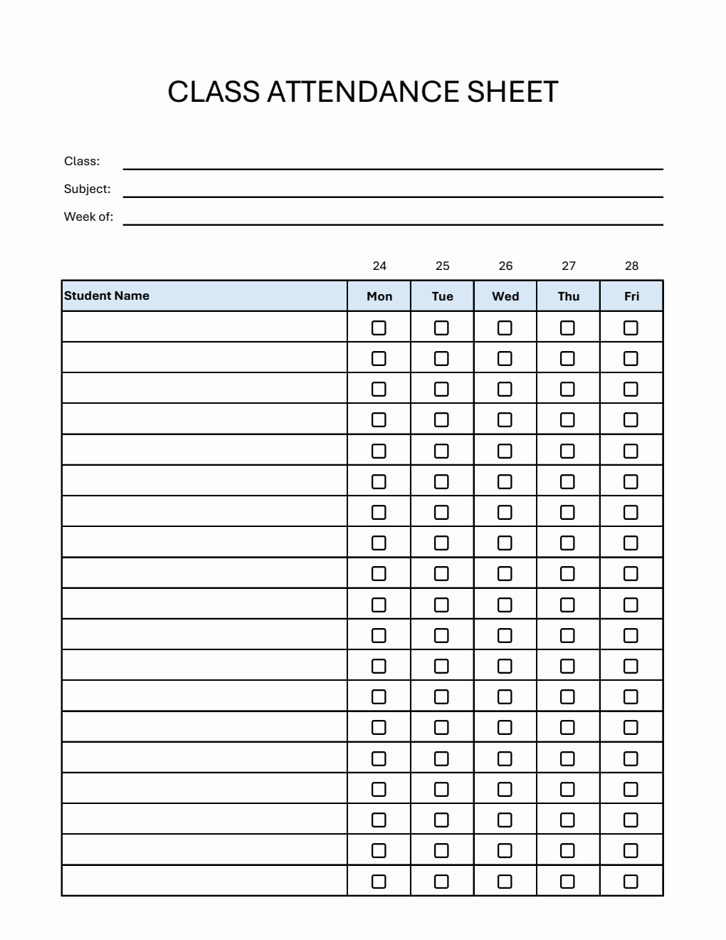  Weekly Class Attendance Sheet | Free Download in Excel