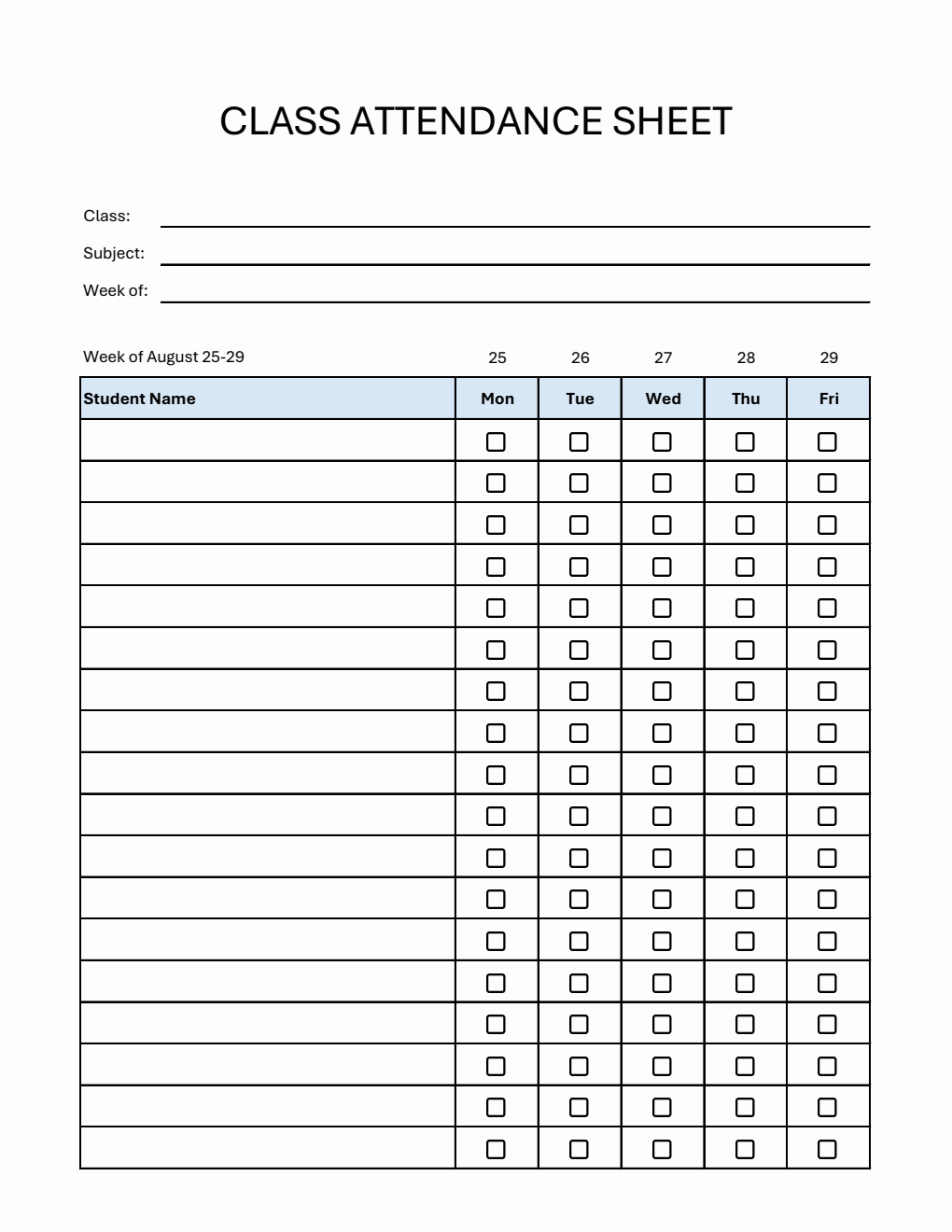 Weekly Class Register Free Excel Class Attendance Sheet Templates