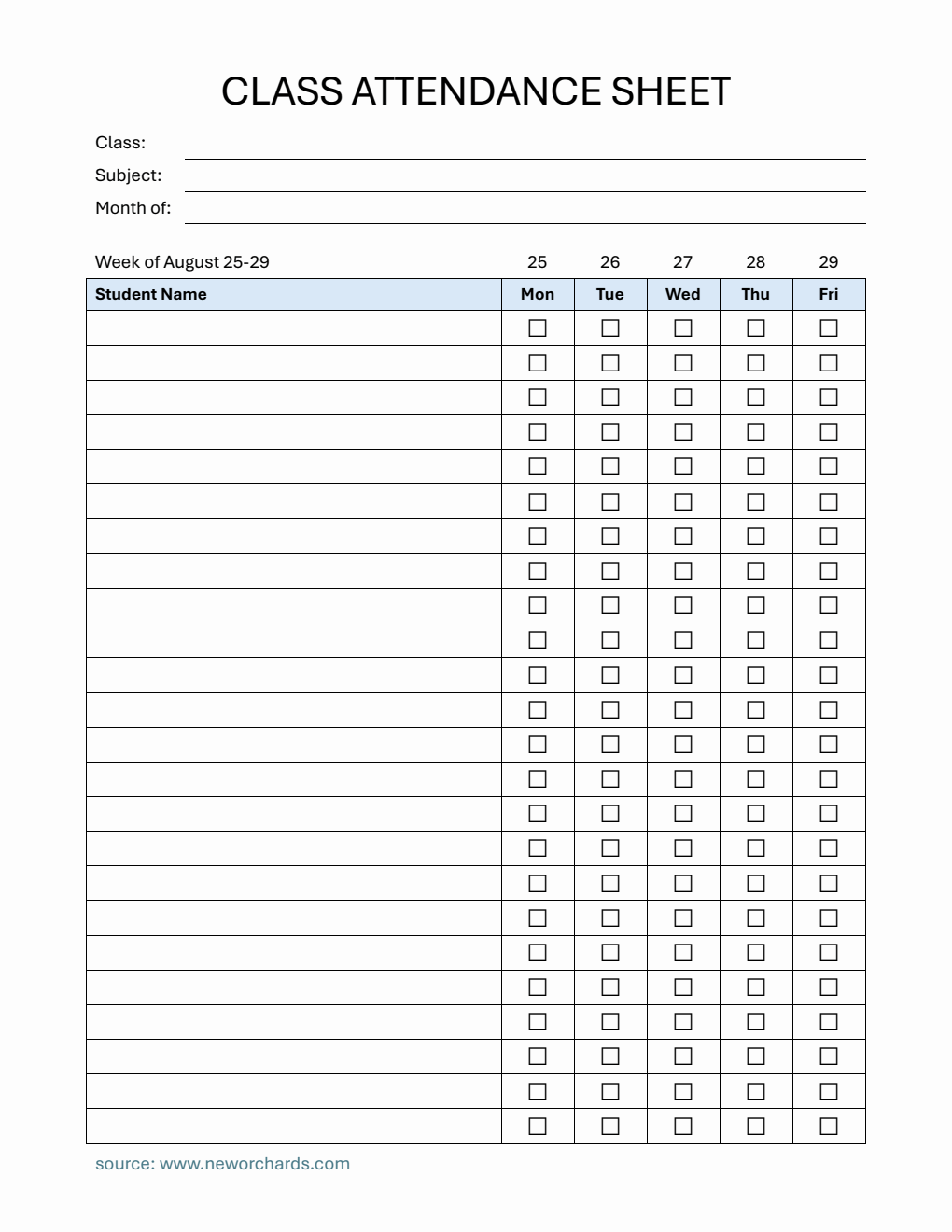 Weekly Class Register Free Class Attendance Sheet Templates (PDF, Word, Excel)