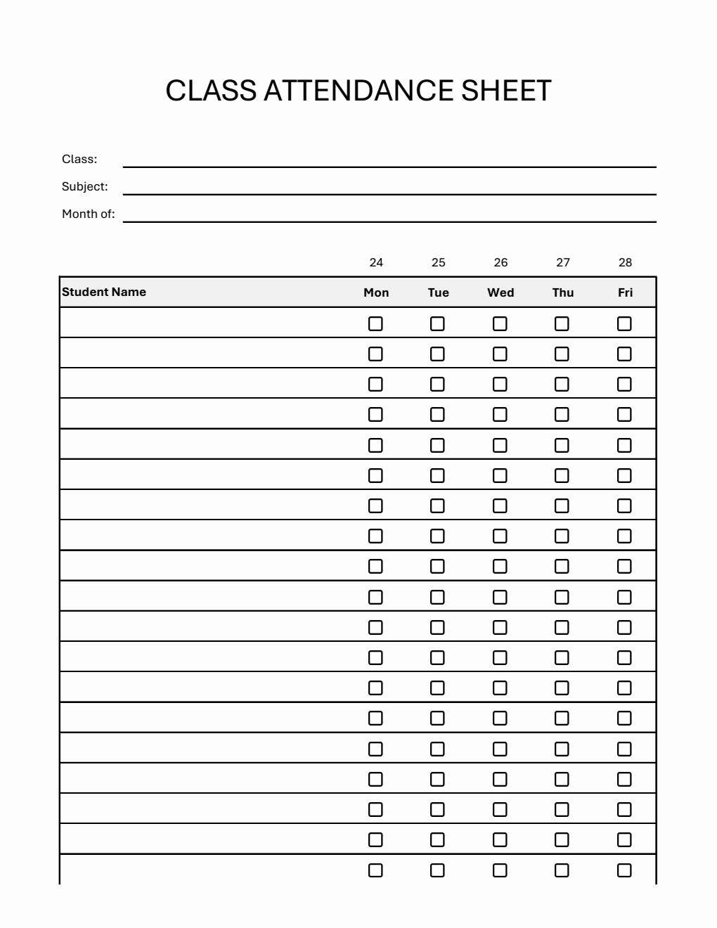 Printable Weekly Class Attendance Sheet | Free Download in Excel
