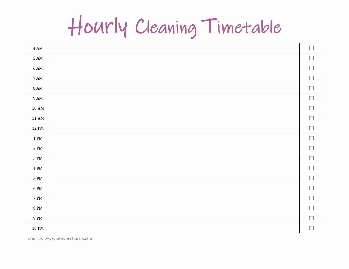Hourly Cleaning Timetable PDF