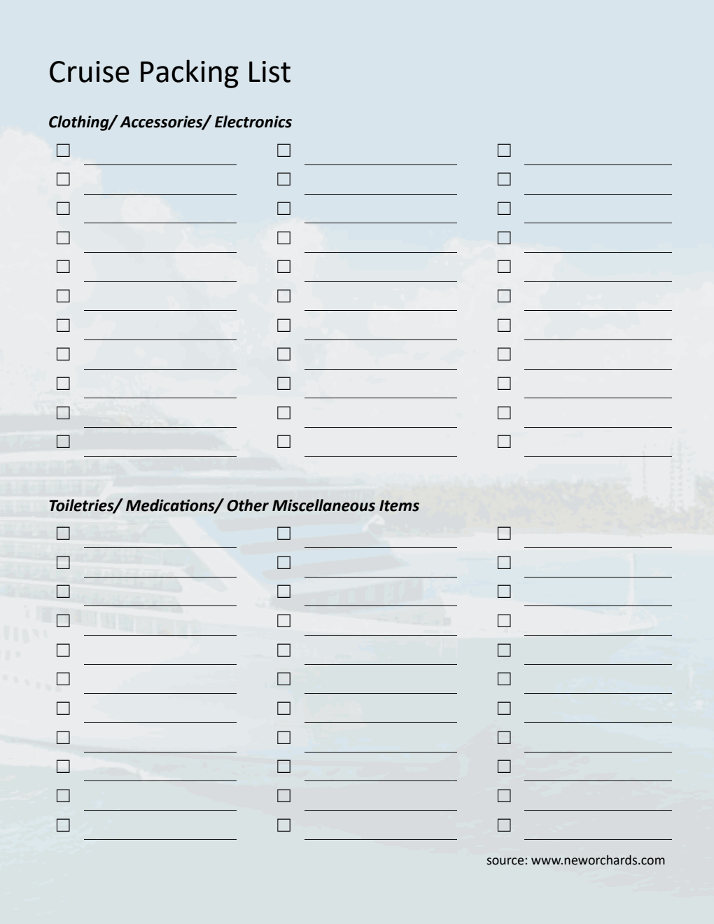 Free Cruise Packing Checklist  in PDF