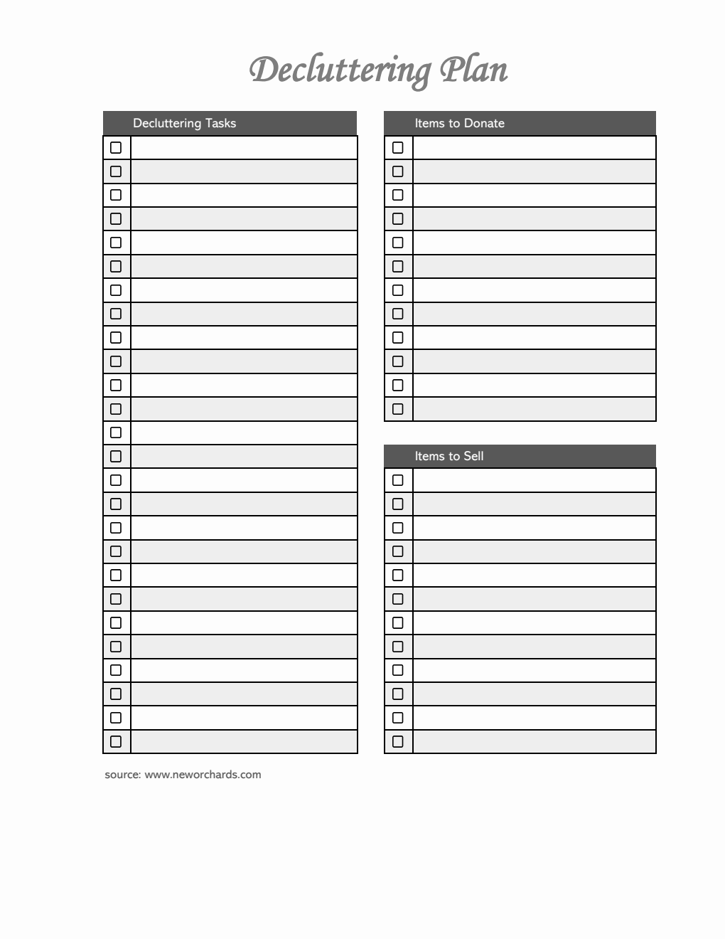 Blank Editable Decluttering Template in Excel
