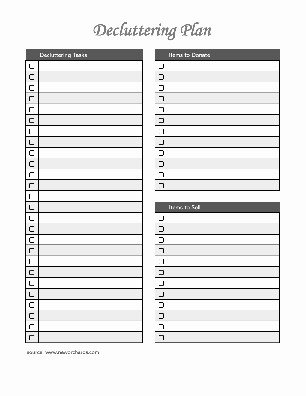 Blank Editable Decluttering Template in Excel