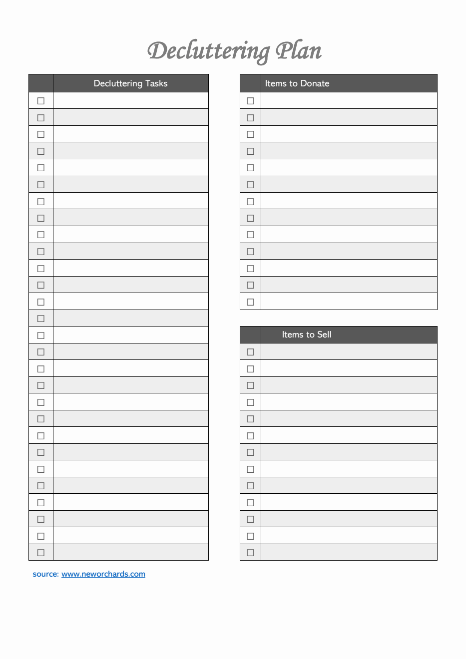 Blank Editable Decluttering Template in Word