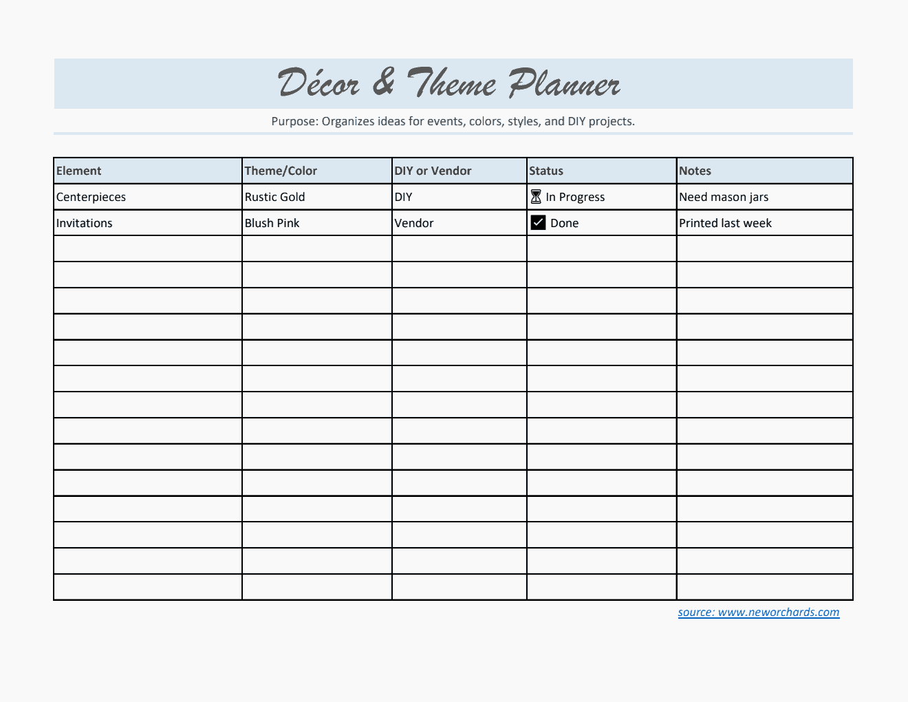 Free  Decor & Theme Planner Template (Excel)