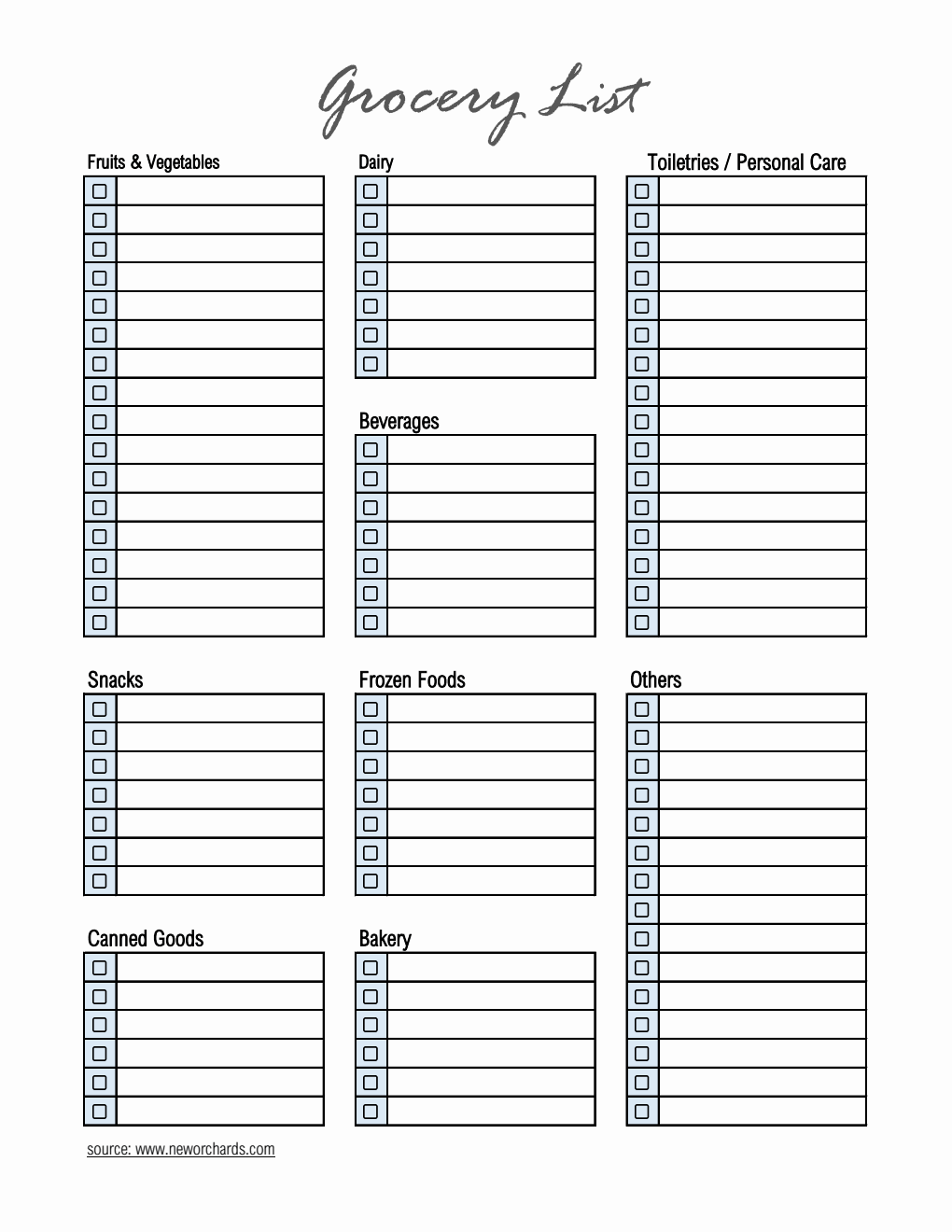 Grocery List Template Downloadable In Excel