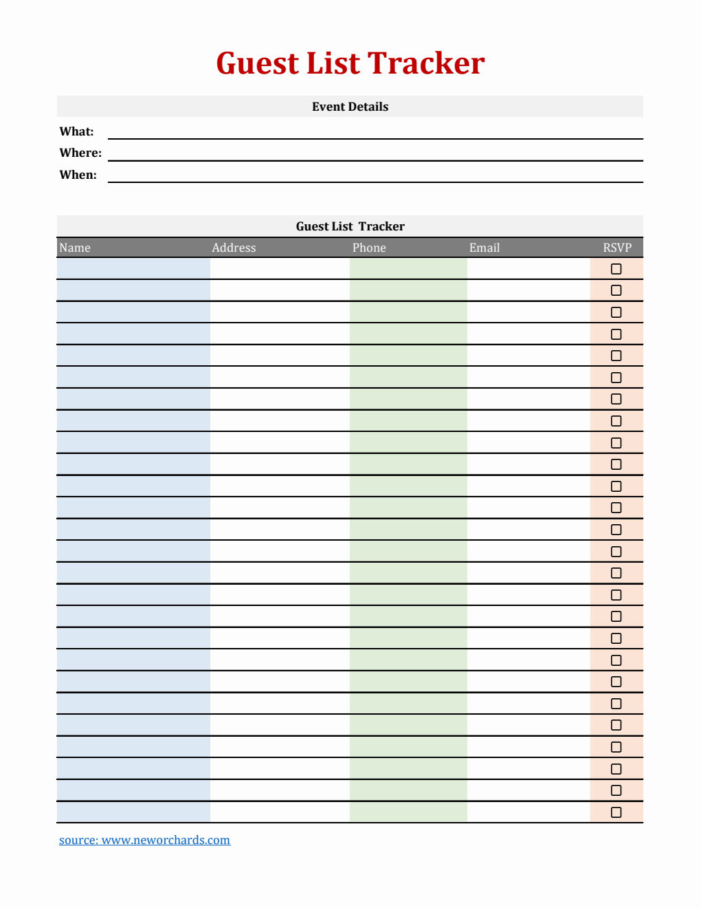 Free Basic Event Guest List Template (Excel)