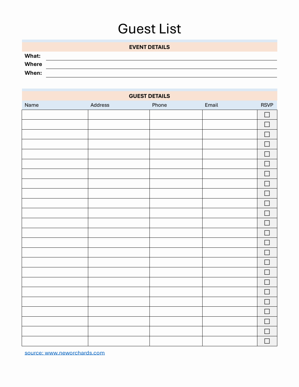 Free  Event Guest List Template (Word)