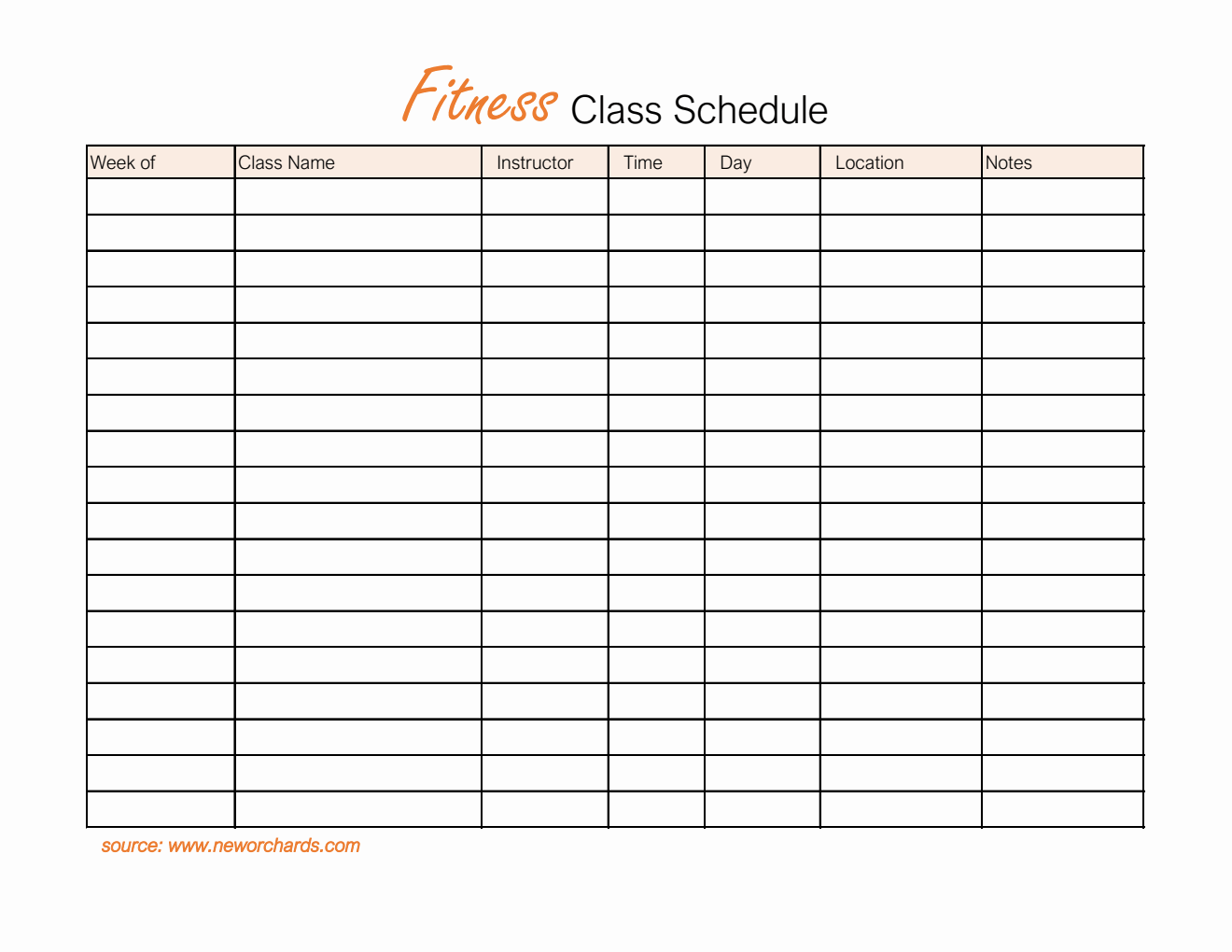 Fitness Class Schedule Template in Excel