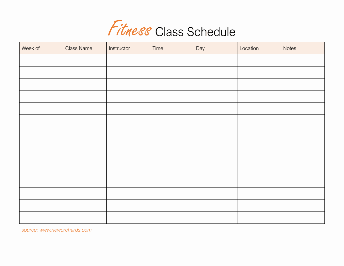 Fitness Class Schedule Template in Word