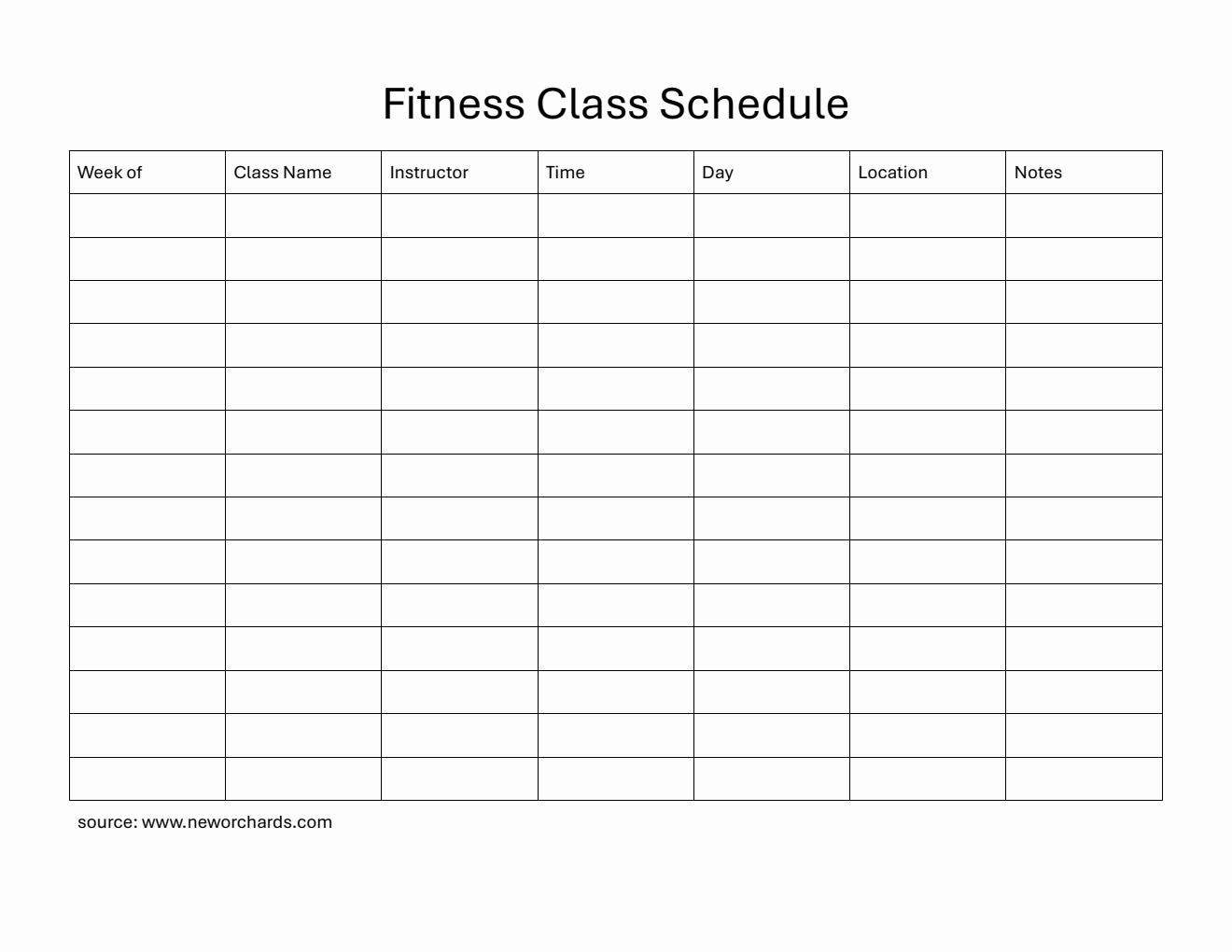 Printable  Fitness Class Schedule Template in Word