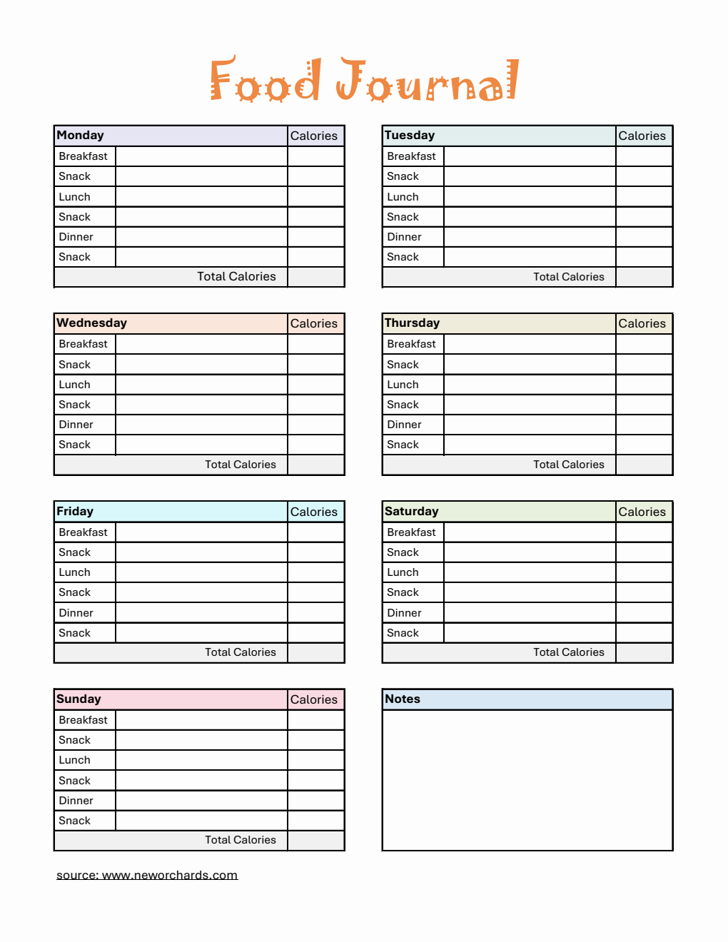 Food Journal Template Excel