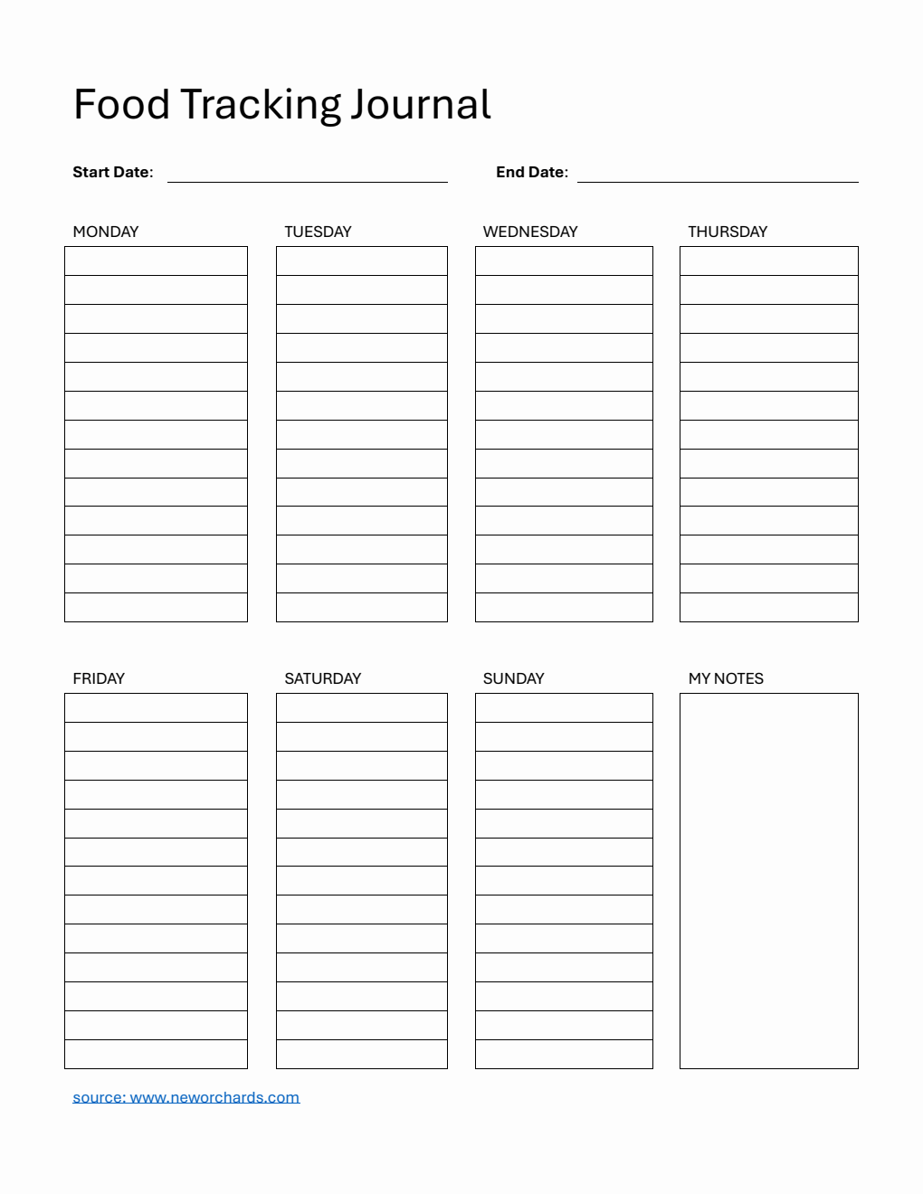 Weekly Food Tracking Journal Template Word (Printable)
