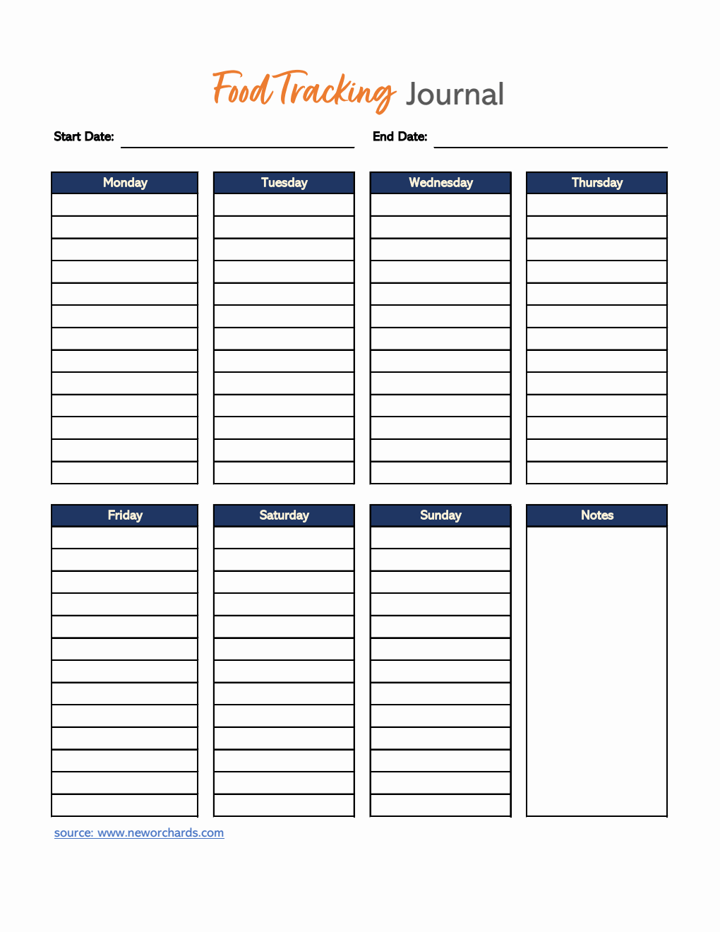 Weekly Food Tracking Journal Template Excel (Simple)