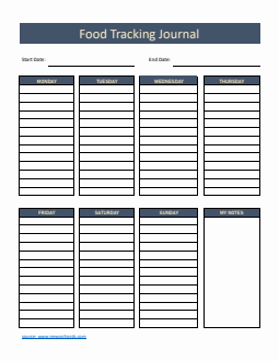 Weekly Food Tracking Journal Template Word (Dark Blue)