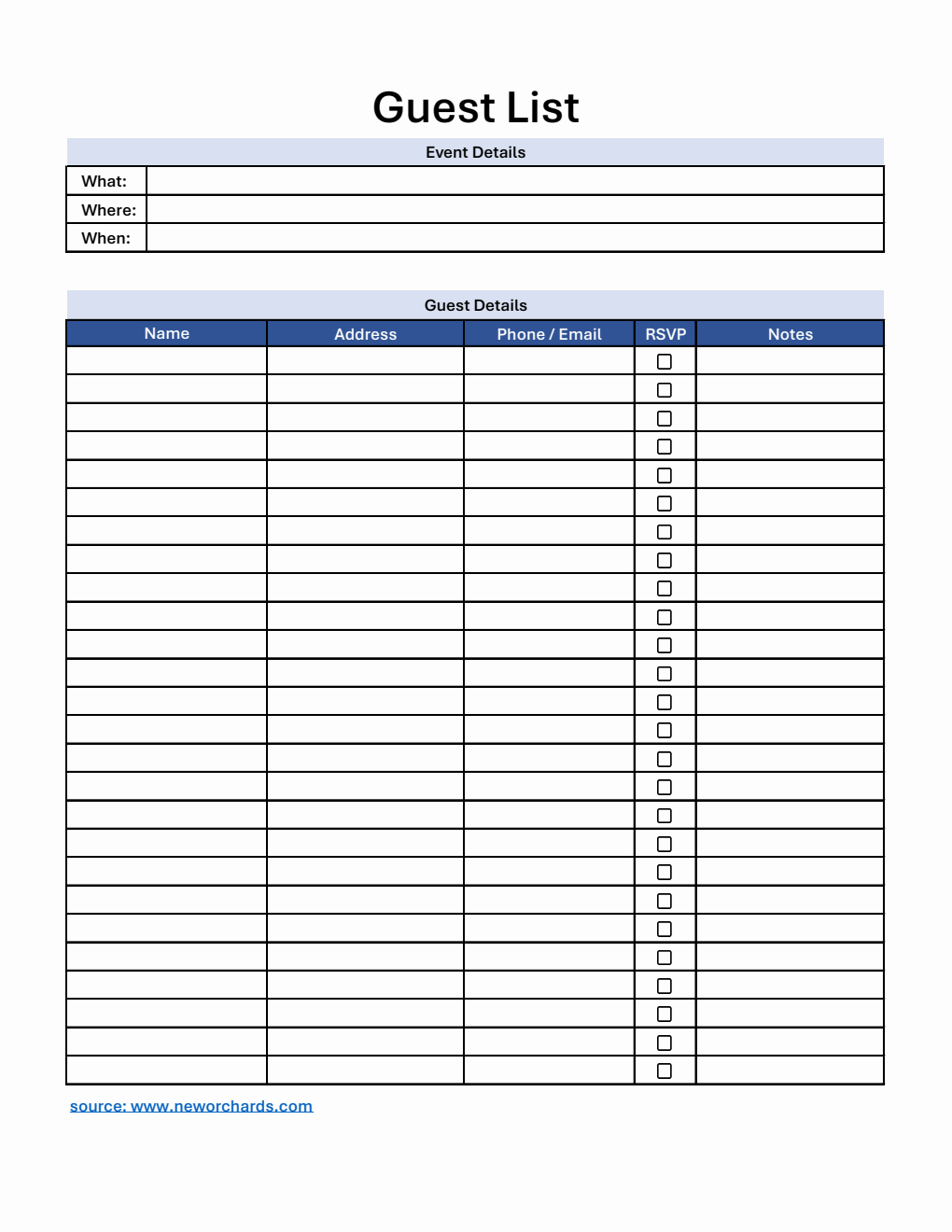 Guest List Template | 100% Editable in Excel