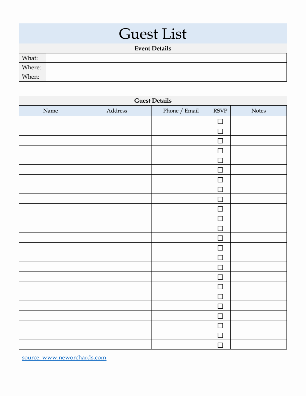 Guest List Template | 100% Downloadable in PDF