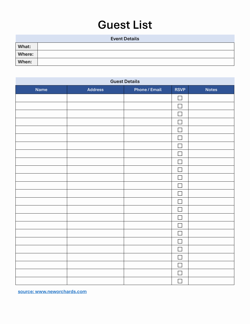 Guest List Template | 100% Editable in PDF