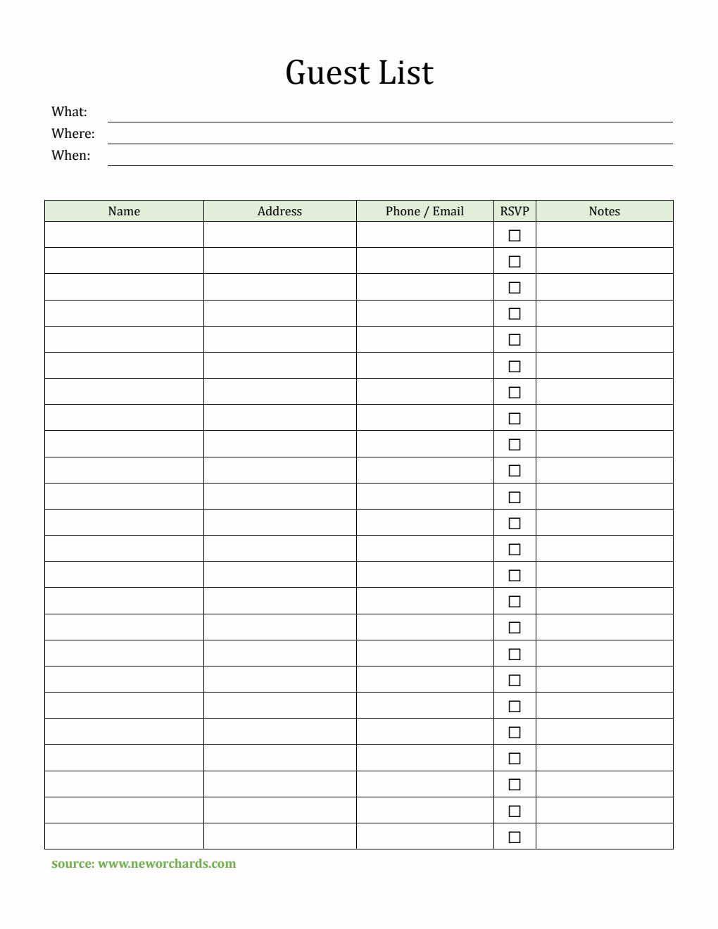 Sample Guest Editable Guest List Template | 100% Editable in Word