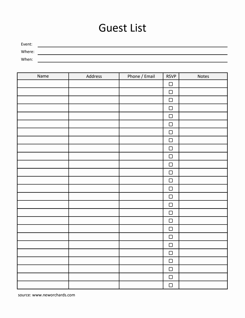 Guest List Template 100 Printable in Excel